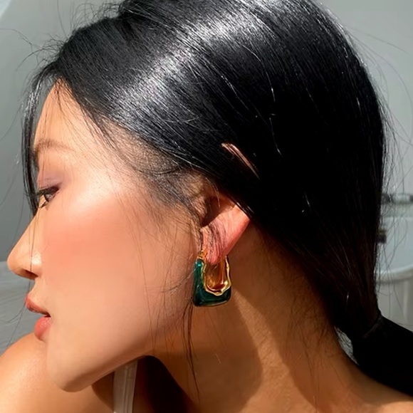 Anthropologie Casa Clara Andy Earrings Jade green stone gold hoop - Picture 4 of 7